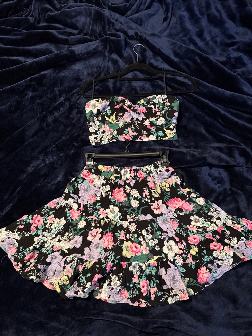 Black Floral Two-Piece Crop Top & Skirt Set - Pink, Purple & Green Flowers